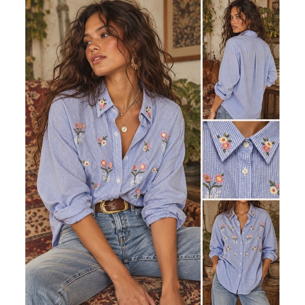 Vintage Blue Gingham Floral Embroidered Button Down Shirt Small Cottagecore